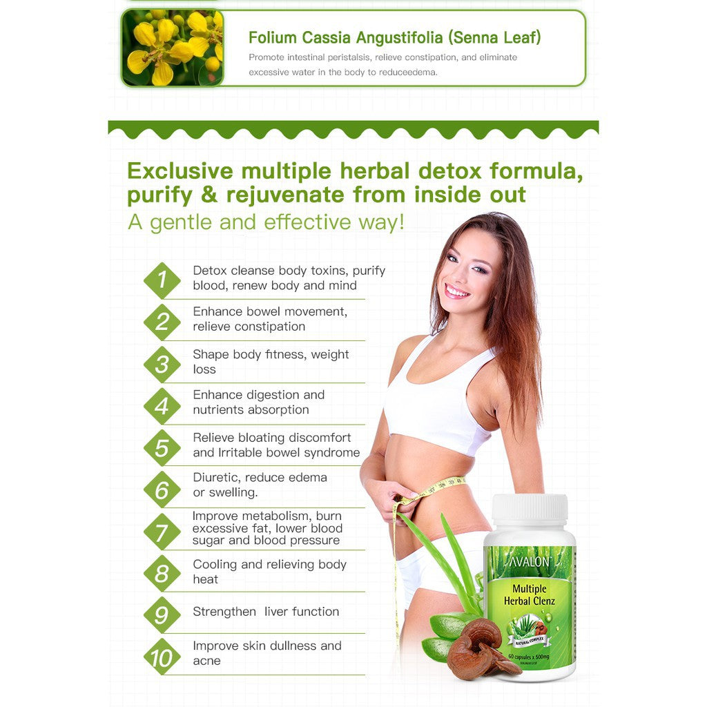 Avalon Multiple Herbal Clenz 60 capsules - Aloe Slimming Detox, Weight Loss, Constipation, Kurus Badan