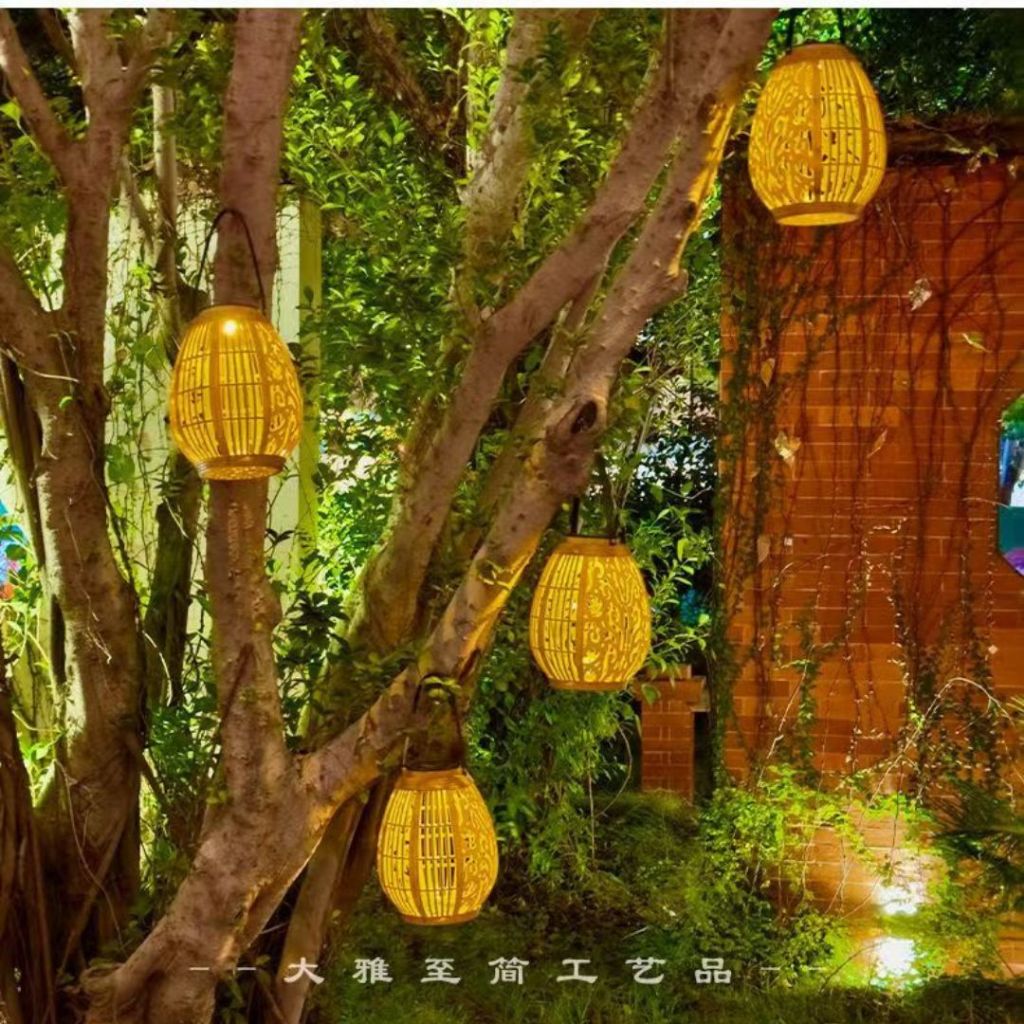 35*18cm 节能省电 太阳能腾火光影古风古韵仿藤灯笼 Solar Light Garden Antique Wood Color Lantern 防水太阳能花园灯笼 Solar Light Lighting Garden Lantern